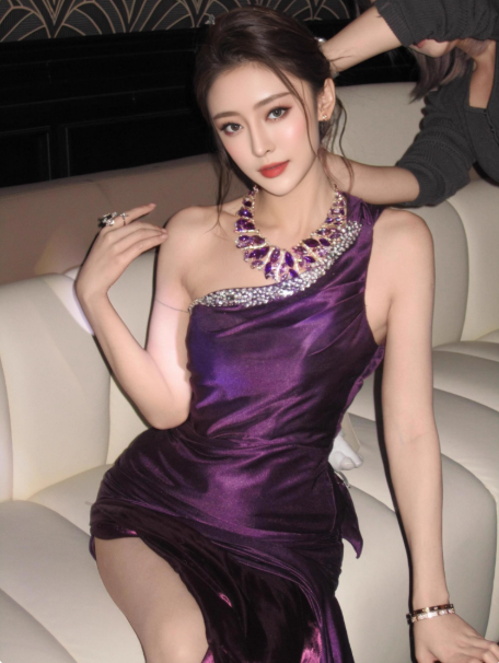 Sexy Purple Sheath Long Prom Dresses Satin One-shoulder Evening Dresses Backless Birthday Dresses DP04536