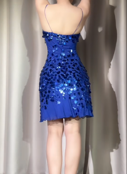 Sexy Royal Blue Sheath Long Prom Dresses Chiffon Sequins Spaghetti Straps Evening Dresses Sleeveless Birthday Dresses DP04540