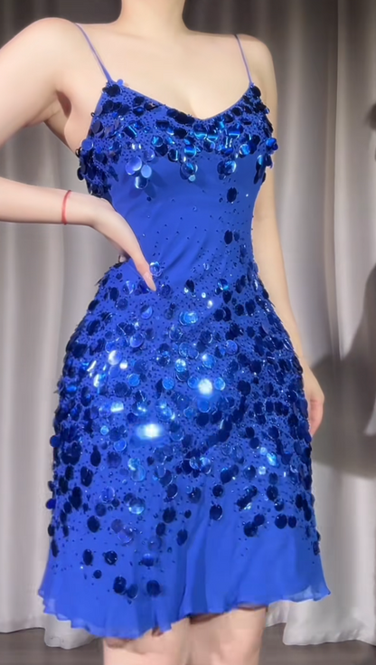 Sexy Royal Blue Sheath Long Prom Dresses Chiffon Sequins Spaghetti Straps Evening Dresses Sleeveless Birthday Dresses DP04540