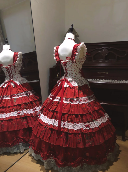 Cute Straps Red Lolita Dresses Sleeveless Birthday Dresses Lace Short Party Dresses DP04557