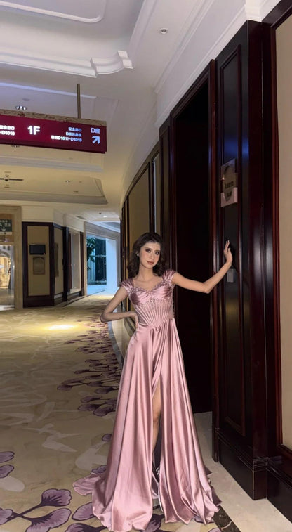 Chic A-Line Evening Dresses Straps Dusty Pink Long Prom Dresses Satin Sleeveless Party Dresses DP04566