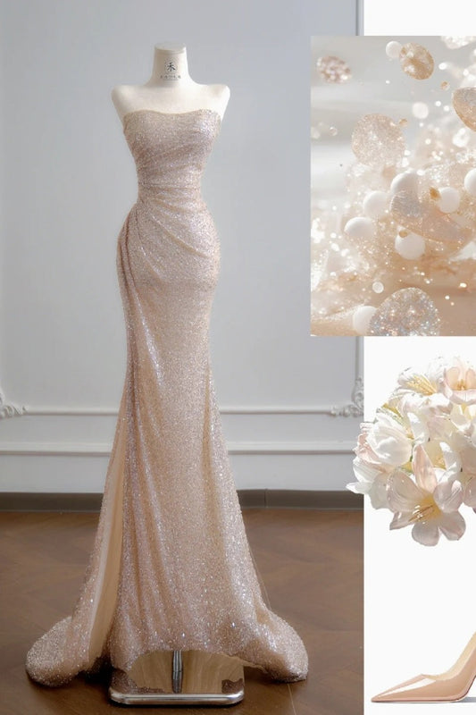 Elegant Strapless Sheath Long Prom Dresses Tulle Sequins Champagne Evening Dresses DP04597