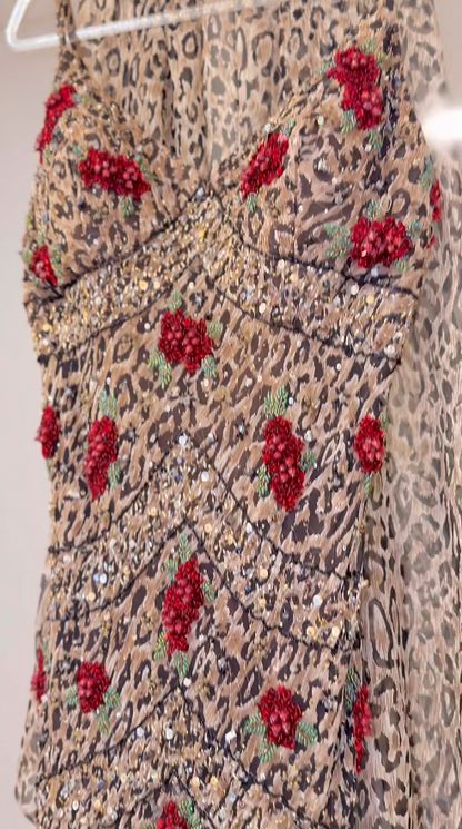 Sexy Sheath Leopard Short Prom Dresses Chiffon Spaghetti Straps Long Evening Dresses Sleeveless Party Dresses DP04611
