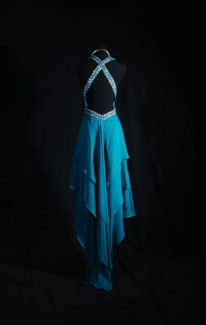 Simple Sheath Long Prom Dresses Chiffon Turquoise Backless Evening Dresses Sleeveless Birthday Dresses DP04631