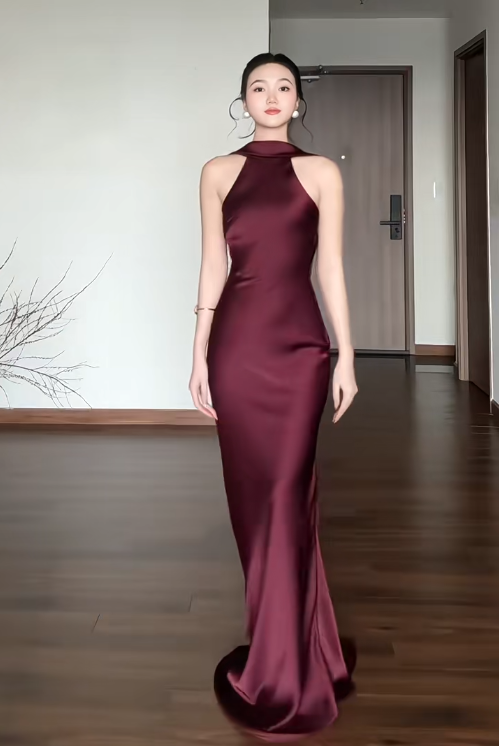 Simple Sheath Long Prom Dresses Satin Halter Burgundy Evening Dresses Backless Birthday Dresses DP04633