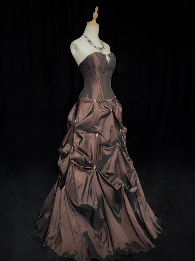 Glam Chocolate A-Line Long Prom Dresses Satin Sleeveless Party Dresses Strapless Evening Dresses DP04642