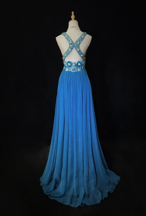 Glam Blue Sheath Long Prom Dresses Beaded Chiffon Sleeveless Party Dresses Straps Evening Dresses DP04643