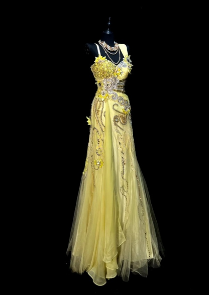 Chic Sheath Long Prom Dresses Beaded Tulle Straps Birthday Dresses  Yellow Evening Dresses   DP04664