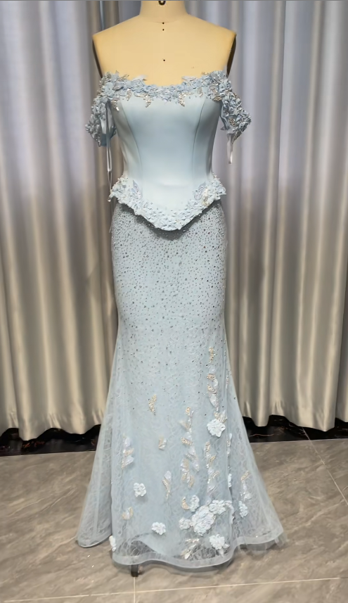 Gorgeous Mermaid Long Prom Dresses Tulle Applique Blue Evening Dresses Off-shoulder Birthday Dresses DP04678