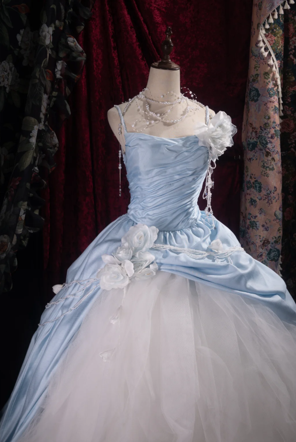 Elegant A-Line Long Prom Dresses Strapless Blue Quinceanera Dresses Tulle Sleeveless Sweet 16 Dress DP04728