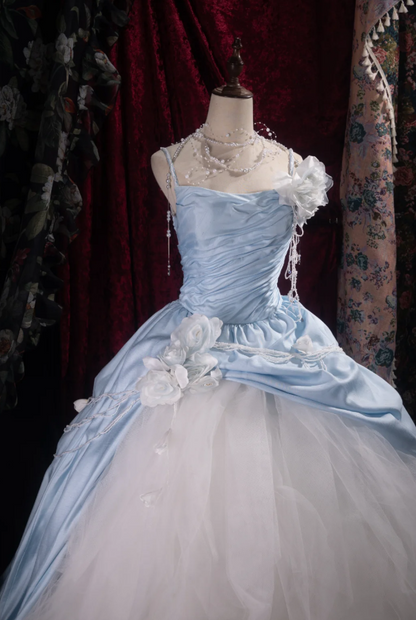 Elegant A-Line Long Prom Dresses Strapless Blue Quinceanera Dresses Tulle Sleeveless Sweet 16 Dress DP04728