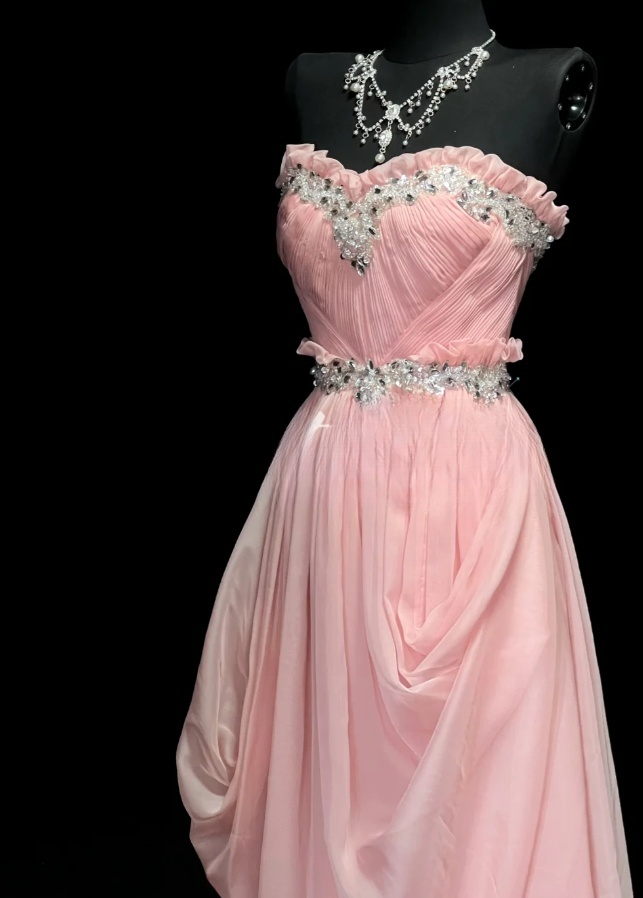 Elegant Pink Long Prom Dresses Strapless Sheath Birthday Dresses Chiffon Sleeveless Evening Gowns DP04734