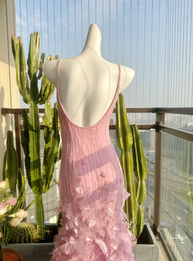 Gorgeous Pink Long Prom Dresses Spaghetti Straps Sheath Birthday Dresses Beaded Chiffon Sleeveless Evening Gowns DP04736