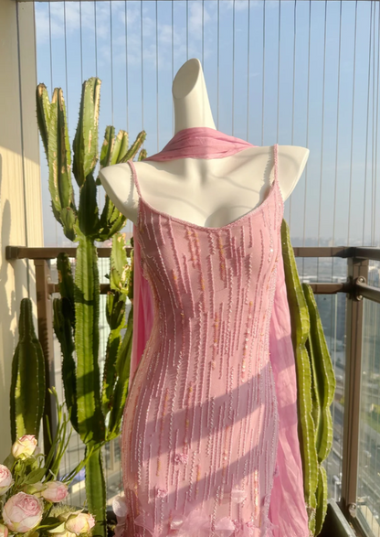 Gorgeous Pink Long Prom Dresses Spaghetti Straps Sheath Birthday Dresses Beaded Chiffon Sleeveless Evening Gowns DP04736
