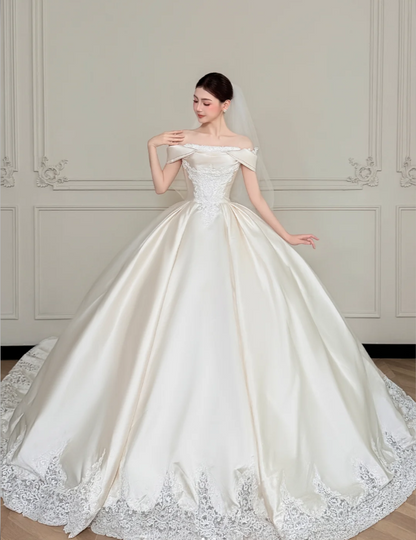 Timeless A-line Long Wedding Dress Satin Off-shoulder Bridal Dress Cup Sleeves Birdal Gowns DP04816