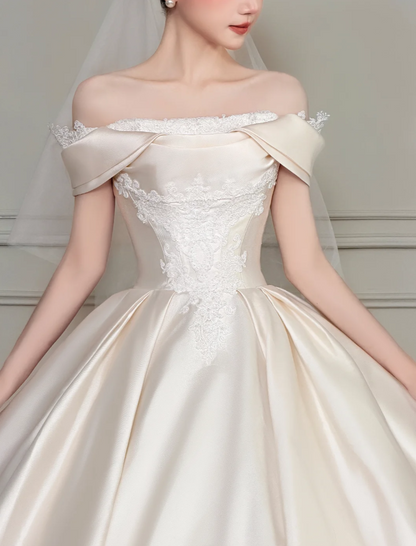 Timeless A-line Long Wedding Dress Satin Off-shoulder Bridal Dress Cup Sleeves Birdal Gowns DP04816