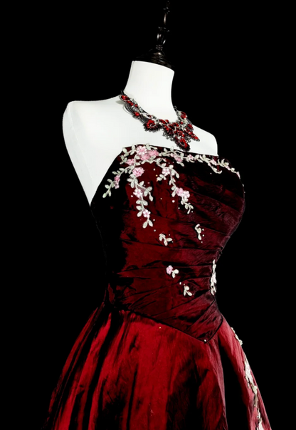 Chic A-Line Burgundy Long Prom Dress Satin Applique Strapless Evening Dress Sleevless Birthday Dress DP04835
