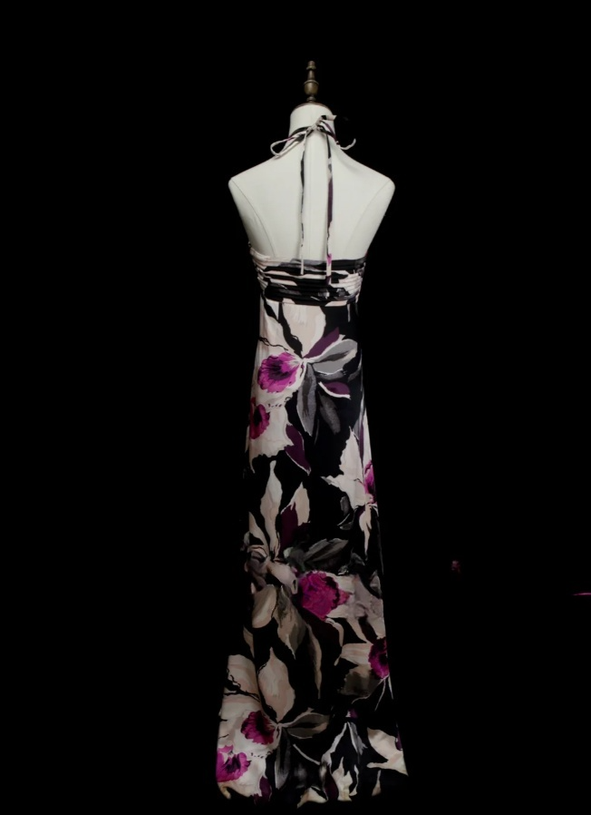 Chic Black Long Prom Dress Chiffon Halter Floral Party Dress Sheath Sleeveless Evening Dress  DP04873