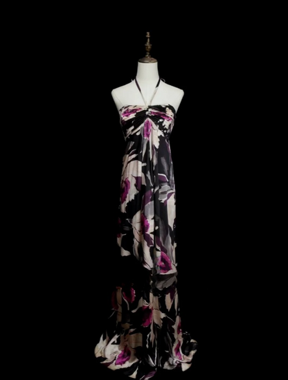Chic Black Long Prom Dress Chiffon Halter Floral Party Dress Sheath Sleeveless Evening Dress  DP04873