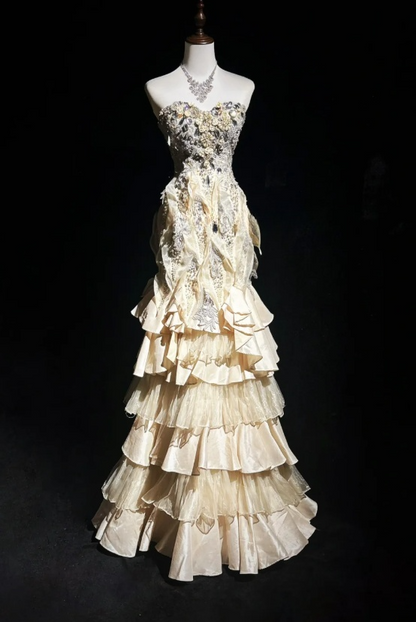 Chic Yellow Long Prom Dress Tulle Appliques Sweetheart Birthday Dress Mermaid Sleeveless Evening Dress  DP04894