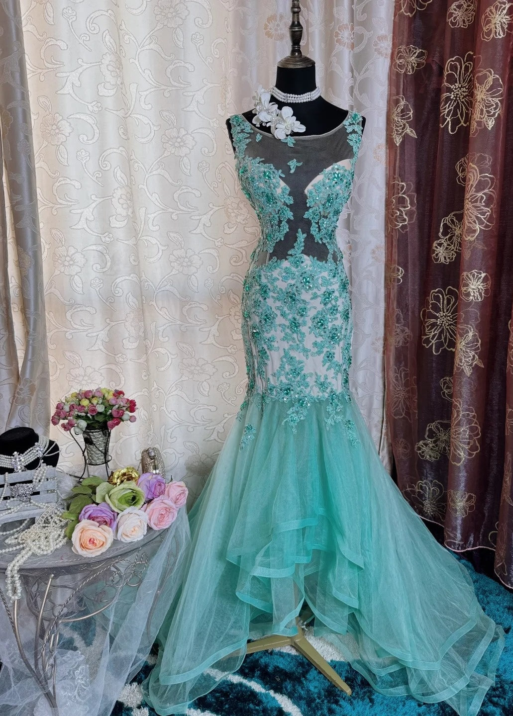 Elegant Tiffany Blue Long Prom Dresses Tulle Appliques U-neck Mermaid Evening Dress Sleeveless Birthday Dress DP04905