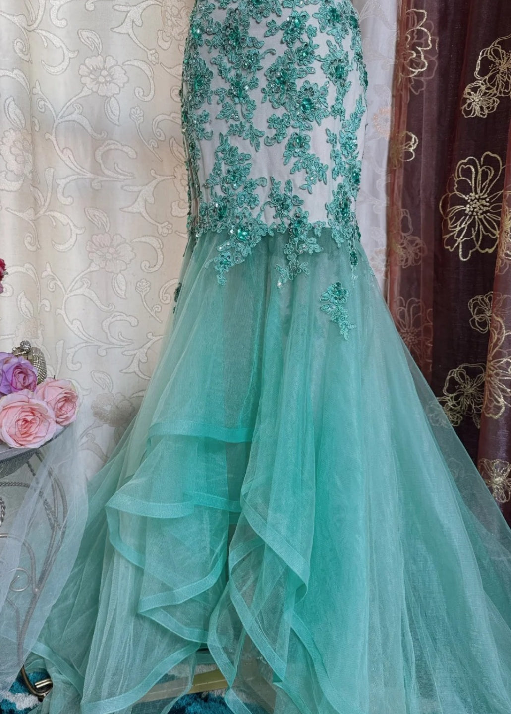 Elegant Tiffany Blue Long Prom Dresses Tulle Appliques U-neck Mermaid Evening Dress Sleeveless Birthday Dress DP04905