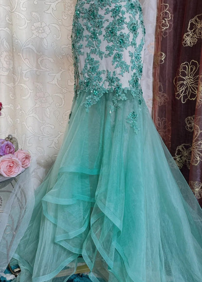 Elegant Tiffany Blue Long Prom Dresses Tulle Appliques U-neck Mermaid Evening Dress Sleeveless Birthday Dress DP04905