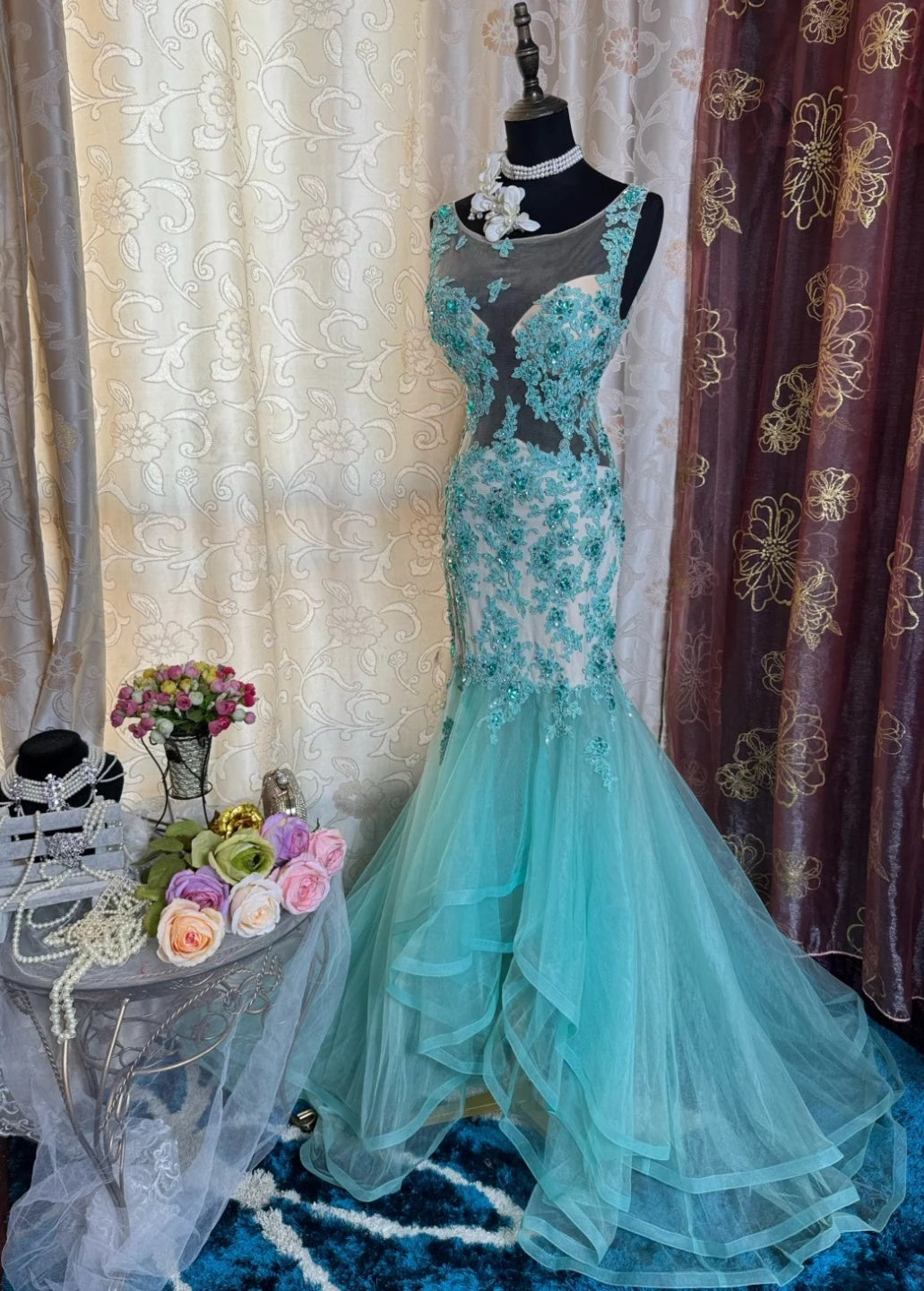 Elegant Tiffany Blue Long Prom Dresses Tulle Appliques U-neck Mermaid Evening Dress Sleeveless Birthday Dress DP04905