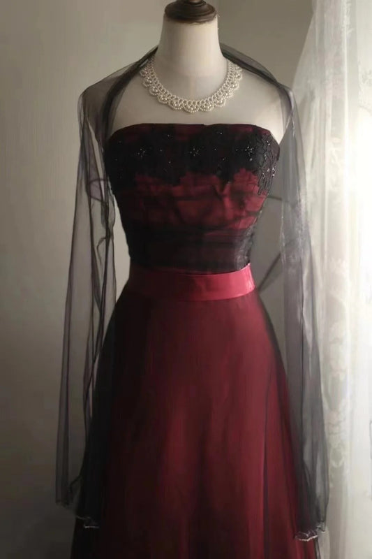 Chic Burgundy Long Prom Dresses  Tulle A-line Evening Dress Strapless Birthday Dress DP04918