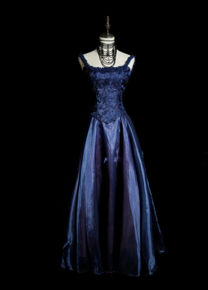 Elegant Navy Blue Long Prom Dresses Satin Appliques Spaghetti Straps A-Line Evening Dress Sleeveless Birthday Dress DP04922