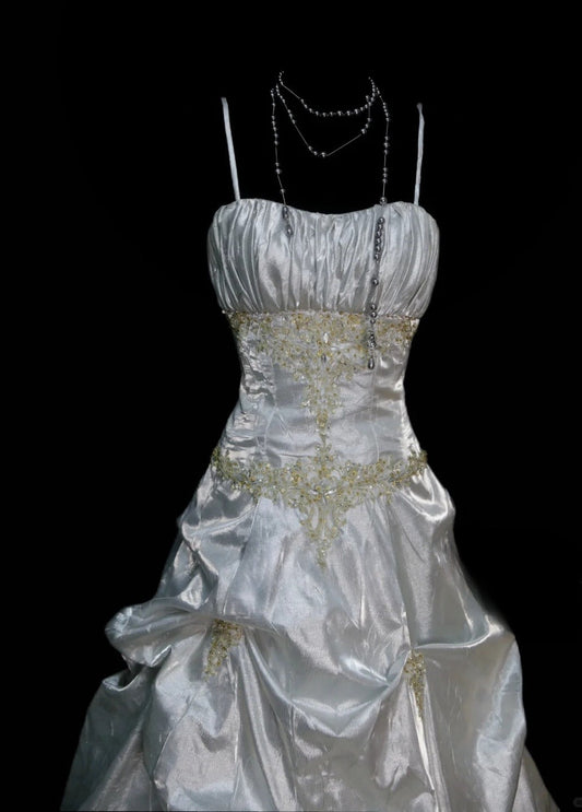 Elegant White Long Prom Dresses Beaded Satin Spaghetti Straps Sheath Evening Dress Sleeveless Birthday Dress DP04924
