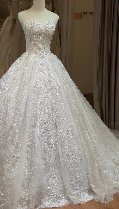 Timeless A-Line Long  Wedding Dress Strapless Beaded Tulle White Bridal Dress Sleeveless Bridal Gowns DP04945