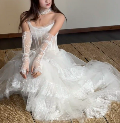 Chic Sheath White Long Wedding Dress Tulle Strapless Bridal Gowns Sleeveless Bridal Dress DP04980