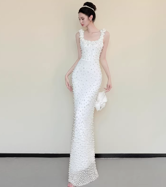 Chic White Birthday Dress Tulle Beadd Sheath Long Prom Dress Square neck Sleeveless Evening Dress DP04992