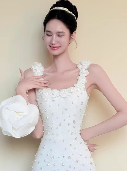 Chic White Birthday Dress Tulle Beadd Sheath Long Prom Dress Square neck Sleeveless Evening Dress DP04992