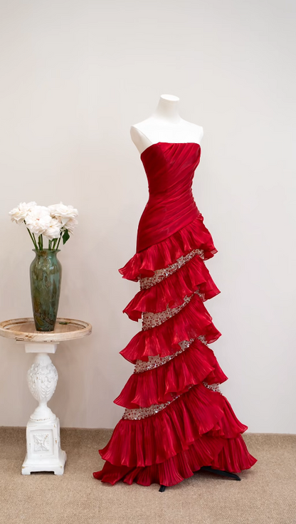Chic Burgundy Long Prom Dress Tulle Beadd Sheath Evening Dress Sleeveless Party Dress DP04993