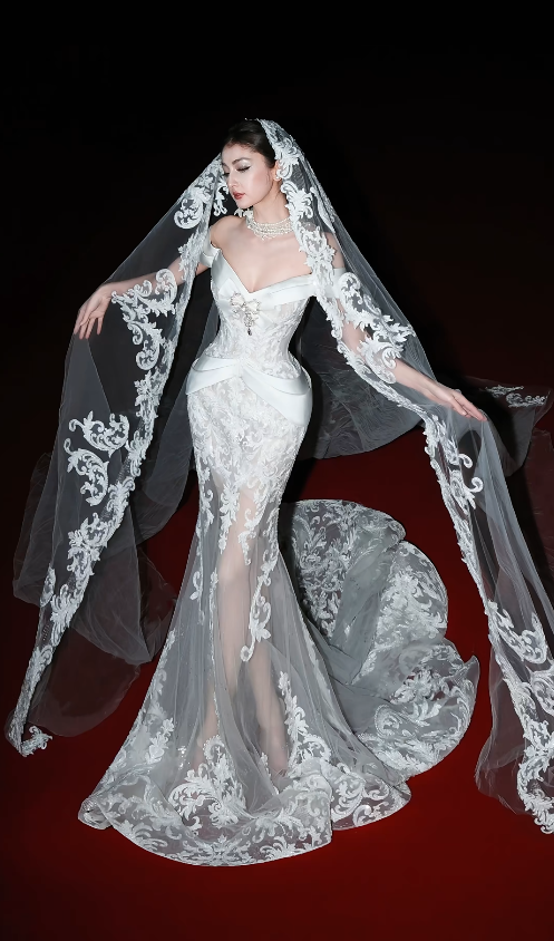 Timeless Mermaid Long Wedding Dress Tulle Appliques White Bridal Gown Cup Sleeves Bridal Dress DP05008