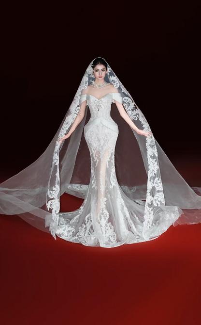 Timeless Mermaid Long Wedding Dress Tulle Appliques White Bridal Gown Cup Sleeves Bridal Dress DP05008