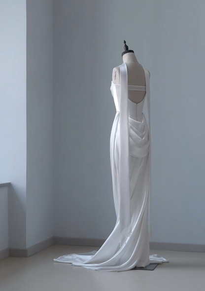 Timeless Sheath Long Wedding Dress Satin Strapless White Bridal Gown Sleeveless Bridal Dress DP05010