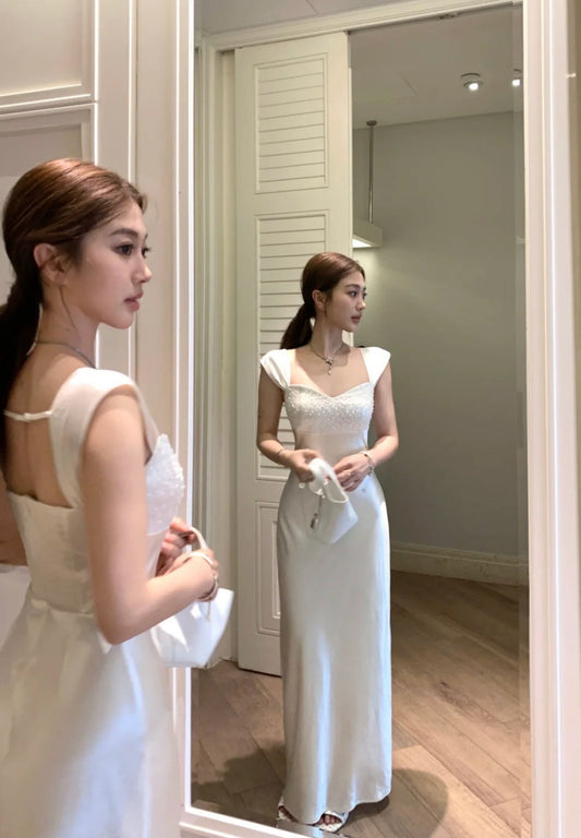 Sexy White Long Prom Dress Satin Sheath Evening Dress Sleeveless Birthday Dress DP05023