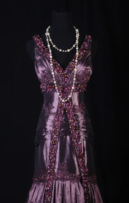 Vintage Grape Prom Dress V-Neck Sheath Evening Dress Satin Beaded Formal Dress DP05056