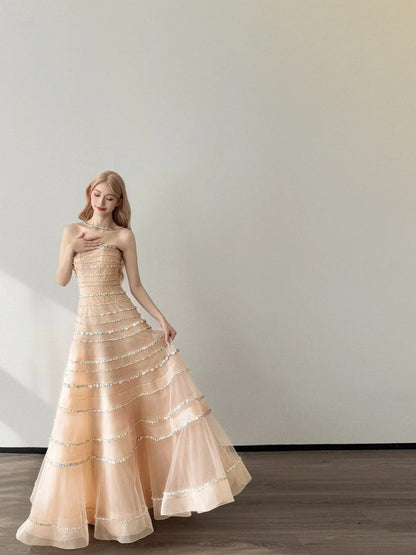 Chic Champagne Prom Dress Strapless A-Line Evening Dress Chiffon Rhinstones Sleeveless Birthday Dress DP05070