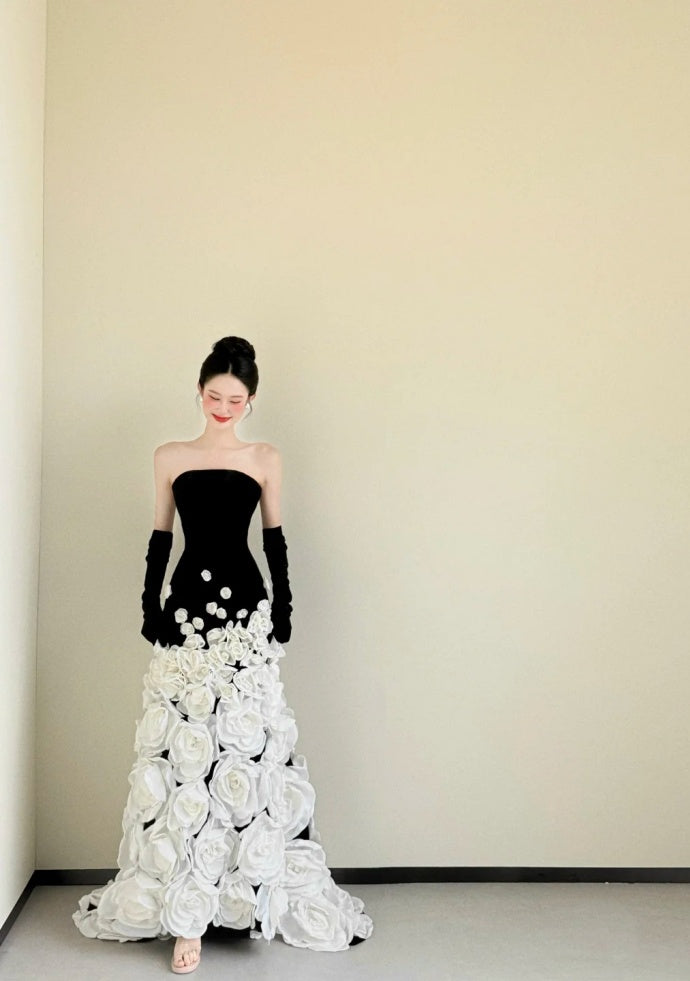 Chic Sheath Black Prom Dress Strapless Tulle Evening Dress DP05073