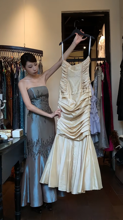 Vintage Gold Prom Dress  Satin Strapless Mermaid Evening Dress DP05133