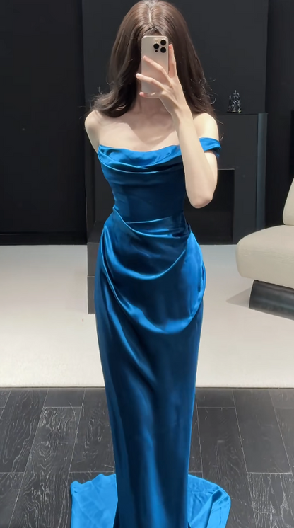 Chic Blue Prom Dress Satin Sheath Sleeveless Evening Dress DP05146