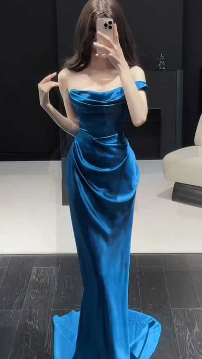 Chic Blue Prom Dress Satin Sheath Sleeveless Evening Dress DP05146