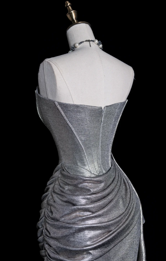 Chic Silver Prom Dress Strapless Satin Evening Dress Sheath Birthday Dress DP05177