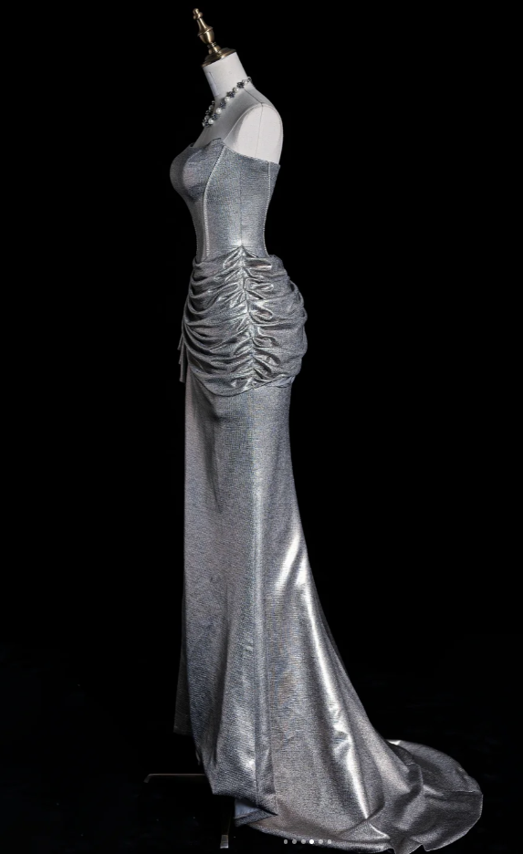 Chic Silver Prom Dress Strapless Satin Evening Dress Sheath Birthday Dress DP05177