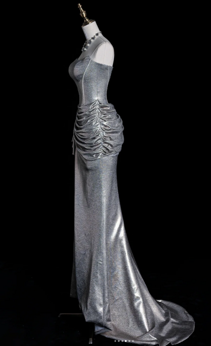 Chic Silver Prom Dress Strapless Satin Evening Dress Sheath Birthday Dress DP05177