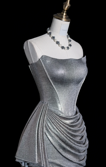 Chic Silver Prom Dress Strapless Satin Evening Dress Sheath Birthday Dress DP05177